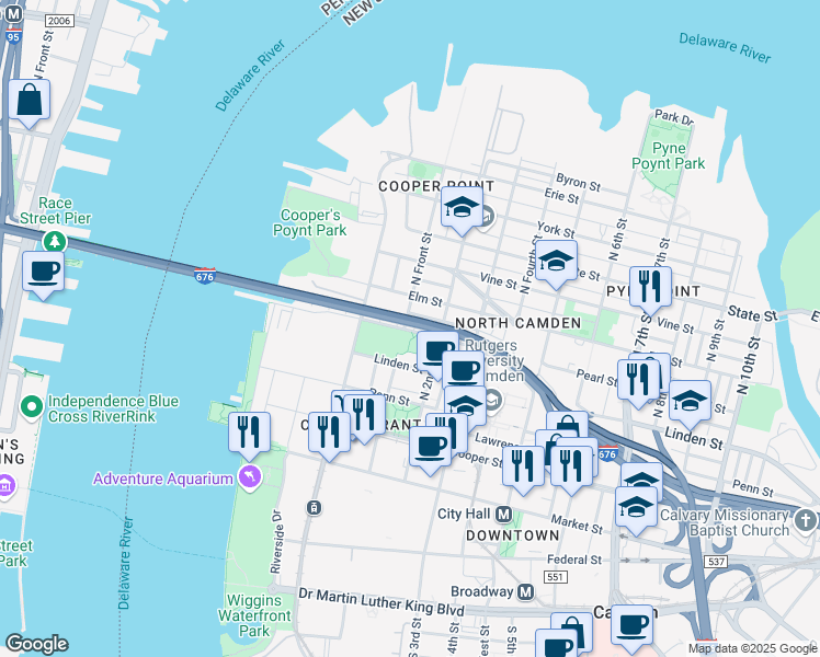 map of restaurants, bars, coffee shops, grocery stores, and more near 1 Pearl Street in Camden