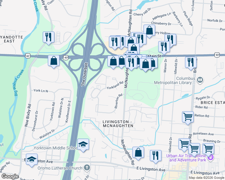 map of restaurants, bars, coffee shops, grocery stores, and more near 1328 Yorkland Road in Columbus
