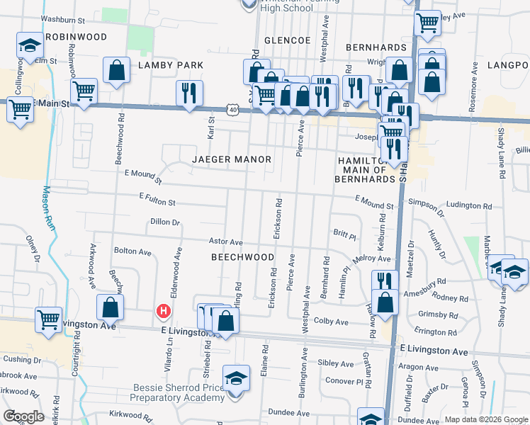 map of restaurants, bars, coffee shops, grocery stores, and more near 1132 Elaine Road in Columbus