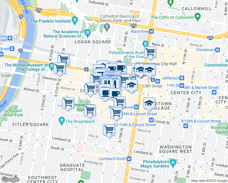 map of restaurants, bars, coffee shops, grocery stores, and more near 1606 Chestnut Street in Philadelphia