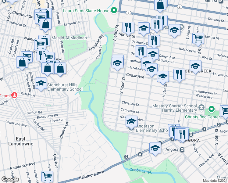 map of restaurants, bars, coffee shops, grocery stores, and more near 6233 Webster Street in Philadelphia