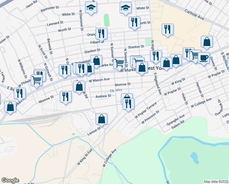 map of restaurants, bars, coffee shops, grocery stores, and more near 112 South Sumner Street in West York