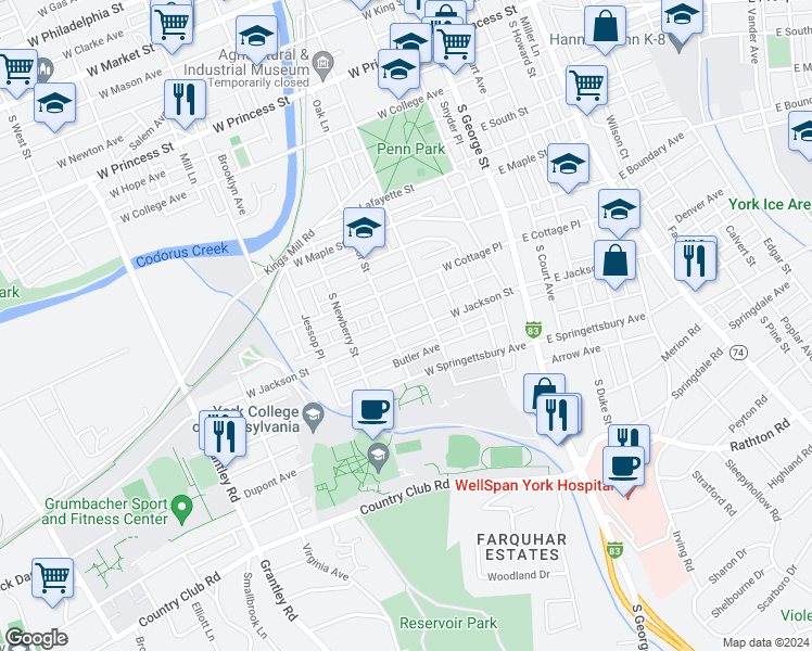 map of restaurants, bars, coffee shops, grocery stores, and more near 225 West Jackson Street in York