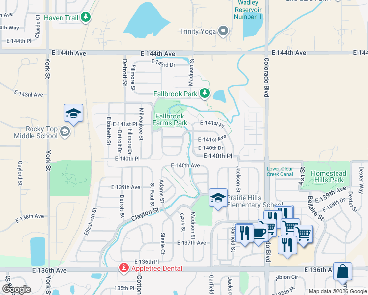 map of restaurants, bars, coffee shops, grocery stores, and more near 14052 Cook Street in Thornton
