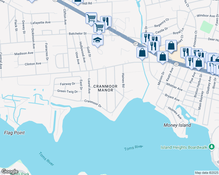 map of restaurants, bars, coffee shops, grocery stores, and more near 29 Cedar Drive in Toms River