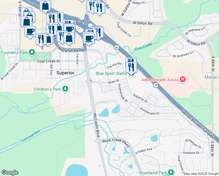 map of restaurants, bars, coffee shops, grocery stores, and more near 402 Promenade Drive in Louisville