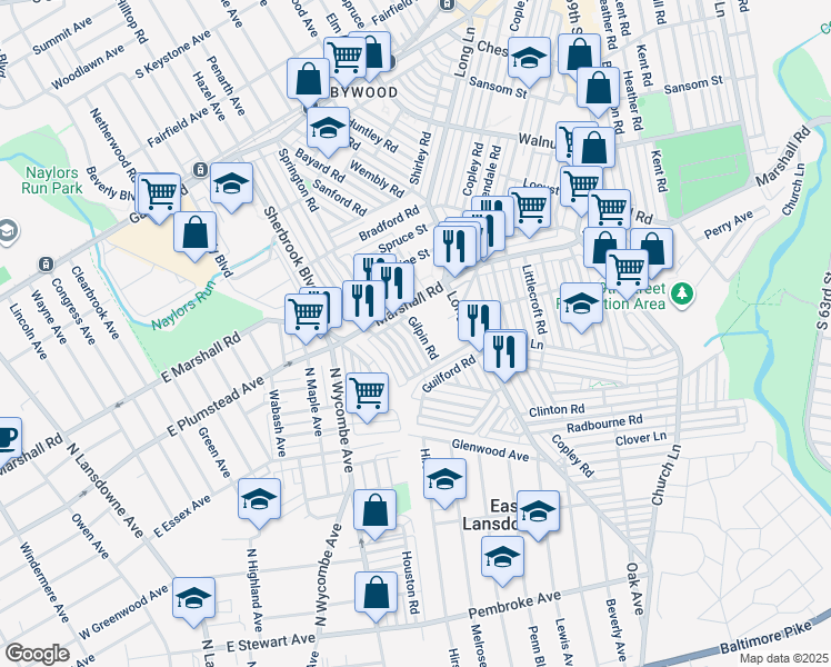 map of restaurants, bars, coffee shops, grocery stores, and more near 52 Gilpin Road in Upper Darby