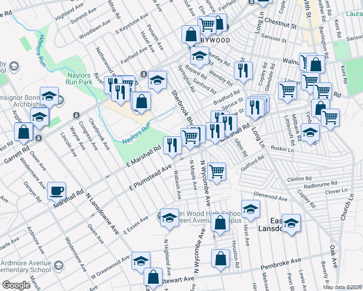 map of restaurants, bars, coffee shops, grocery stores, and more near 317 Barker Avenue in Lansdowne