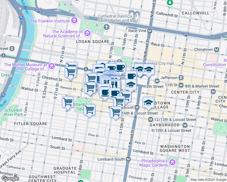 map of restaurants, bars, coffee shops, grocery stores, and more near 1606 Chestnut Street in Philadelphia