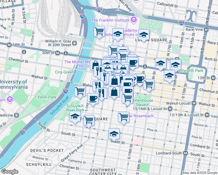 map of restaurants, bars, coffee shops, grocery stores, and more near 2127 Walnut Street in Philadelphia