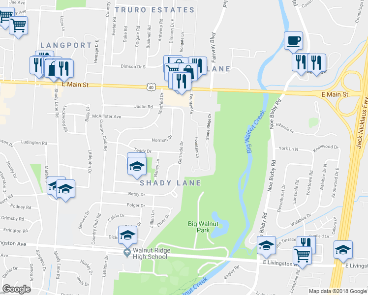 map of restaurants, bars, coffee shops, grocery stores, and more near 1252 Gertrude Drive in Columbus