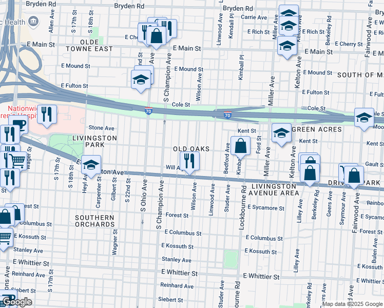 map of restaurants, bars, coffee shops, grocery stores, and more near 717 Wilson Avenue in Columbus