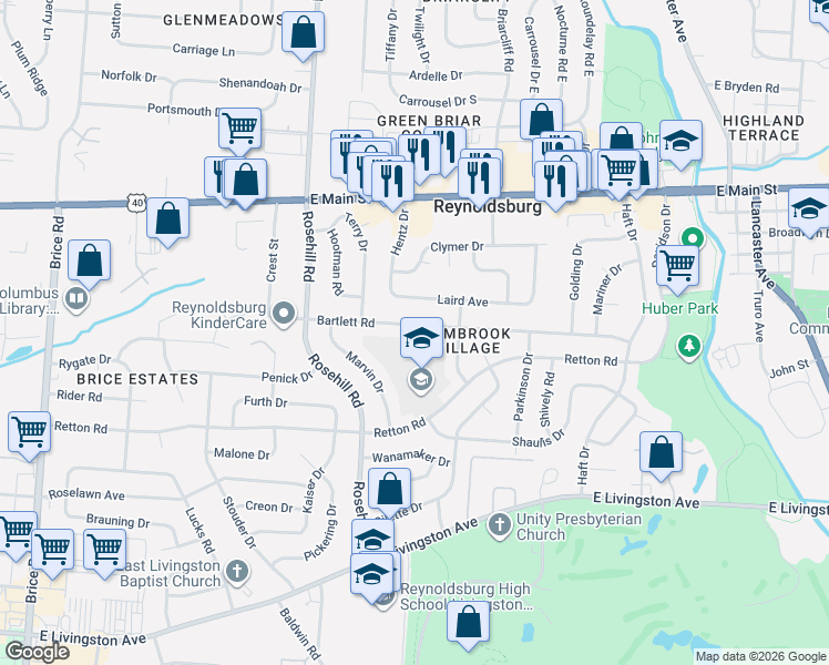 map of restaurants, bars, coffee shops, grocery stores, and more near 6799 Bartlett Road in Reynoldsburg