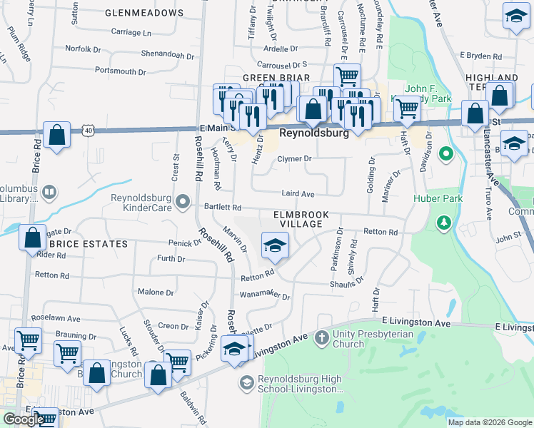 map of restaurants, bars, coffee shops, grocery stores, and more near 6799 Bartlett Road in Reynoldsburg