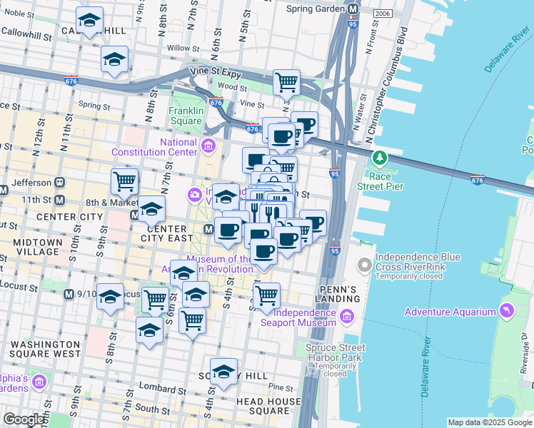 map of restaurants, bars, coffee shops, grocery stores, and more near 30 North 3rd Street in Philadelphia