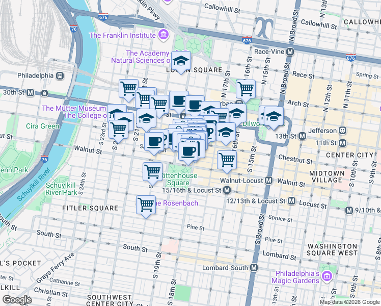 map of restaurants, bars, coffee shops, grocery stores, and more near 1805 Sansom Street in Philadelphia