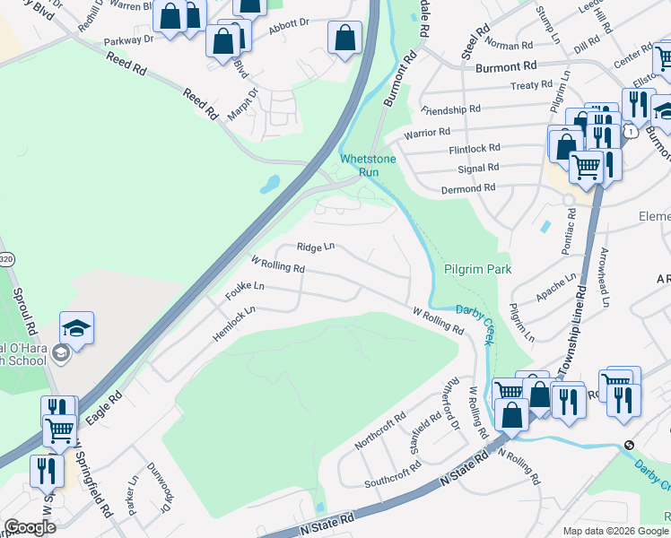 map of restaurants, bars, coffee shops, grocery stores, and more near 767 West Rolling Road in Springfield
