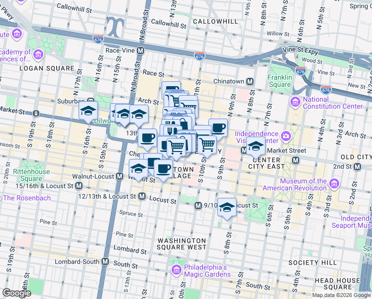 map of restaurants, bars, coffee shops, grocery stores, and more near 1100 Ludlow Street in Philadelphia