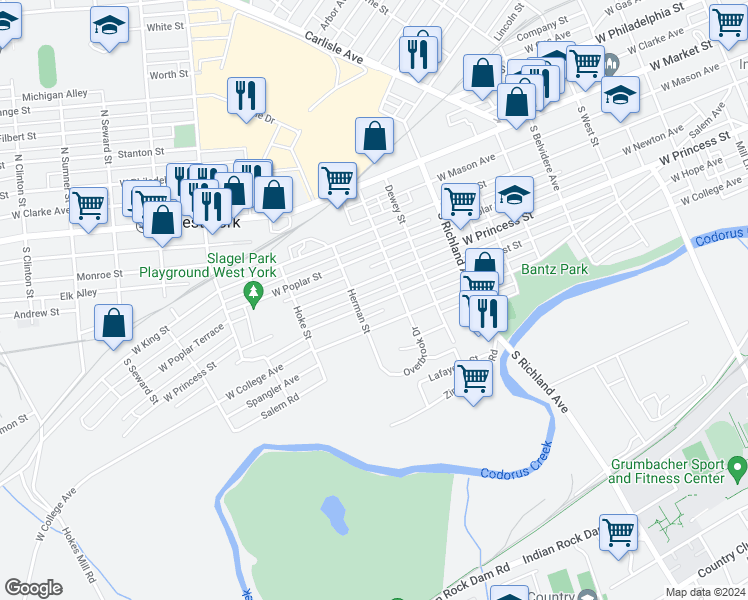 map of restaurants, bars, coffee shops, grocery stores, and more near 1235 West Locust Street in West York