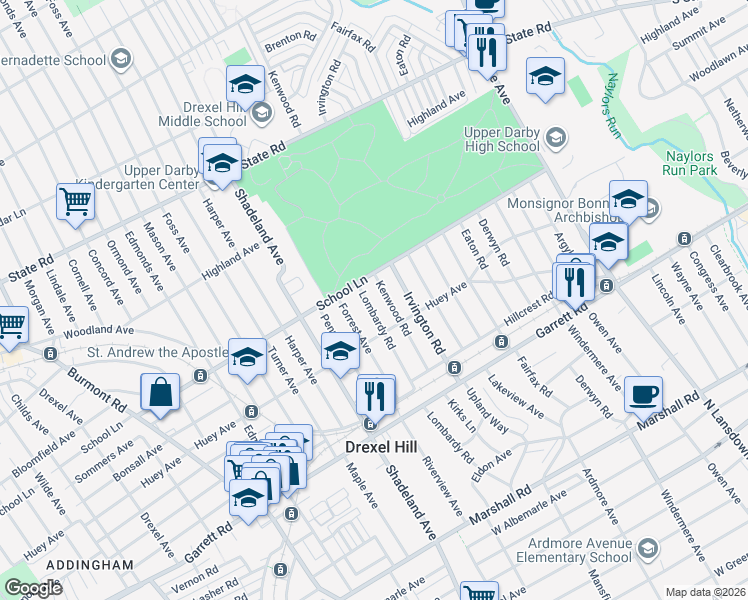 map of restaurants, bars, coffee shops, grocery stores, and more near 525 Lombardy Road in Drexel Hill