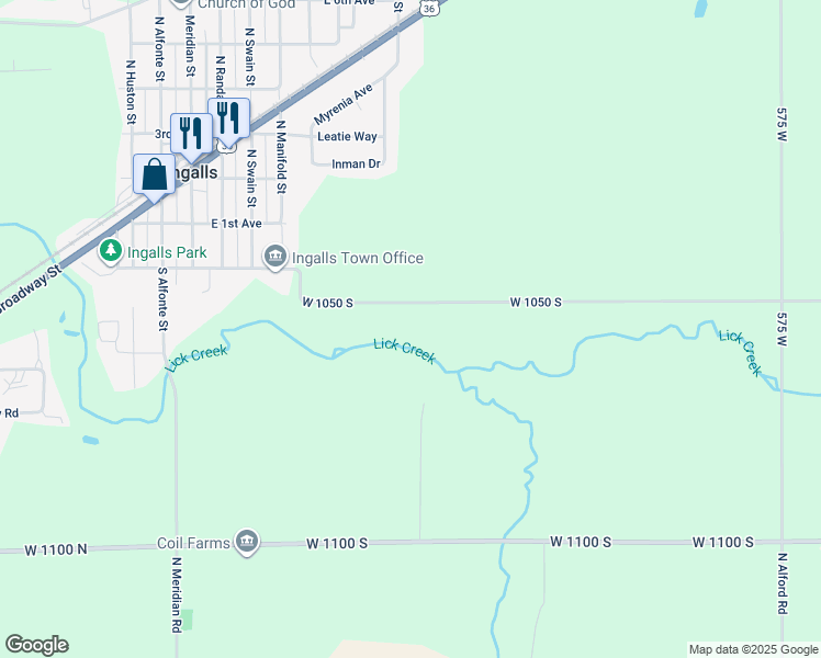 map of restaurants, bars, coffee shops, grocery stores, and more near 6483 West 1050 South in Fortville