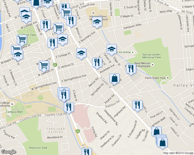 map of restaurants, bars, coffee shops, grocery stores, and more near 177 Merion Road in York