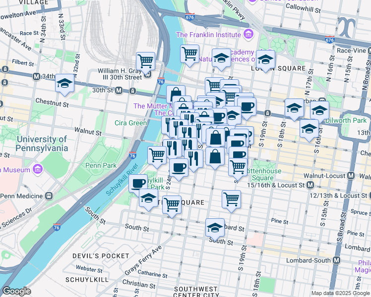 map of restaurants, bars, coffee shops, grocery stores, and more near 2300 Walnut Street in Philadelphia