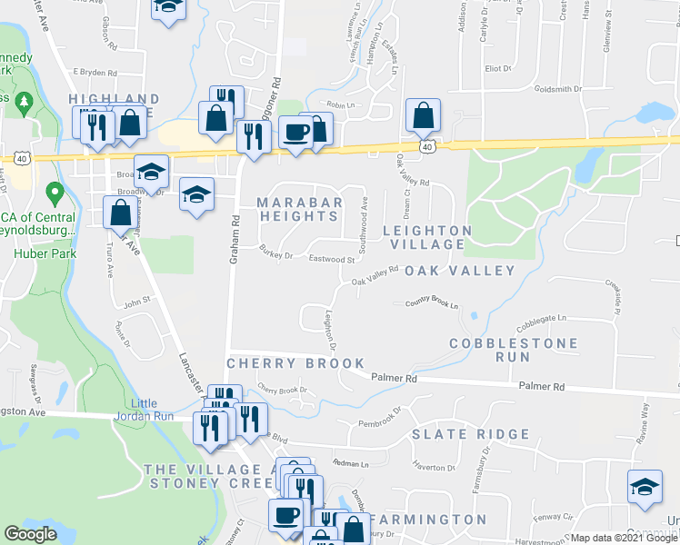 map of restaurants, bars, coffee shops, grocery stores, and more near Long Spur Drive in Reynoldsburg