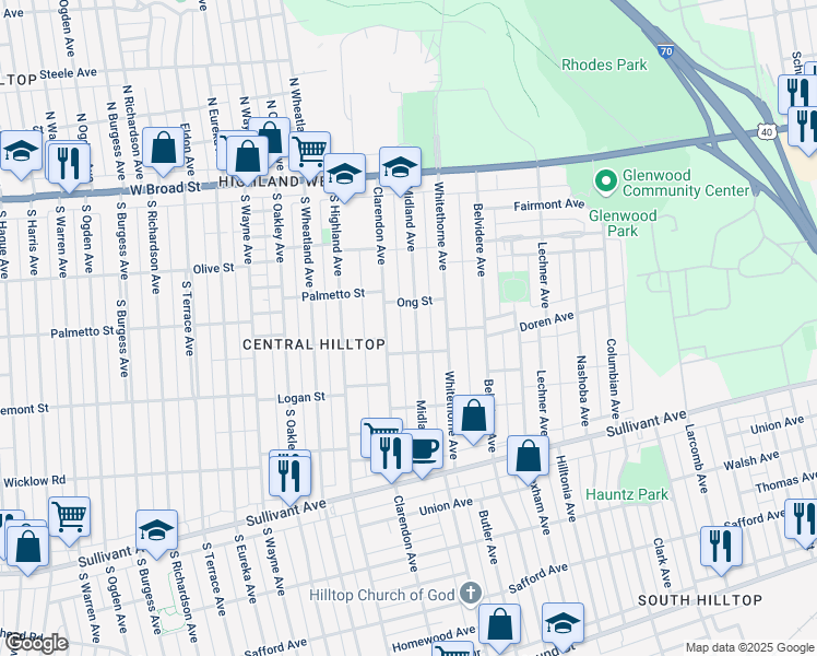 map of restaurants, bars, coffee shops, grocery stores, and more near 219 Midland Avenue in Columbus
