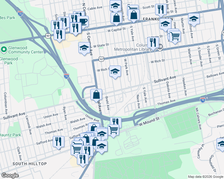 map of restaurants, bars, coffee shops, grocery stores, and more near 1307 Sullivant Avenue in Columbus