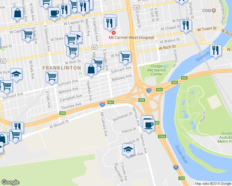 map of restaurants, bars, coffee shops, grocery stores, and more near 806 Thomas Avenue in Columbus