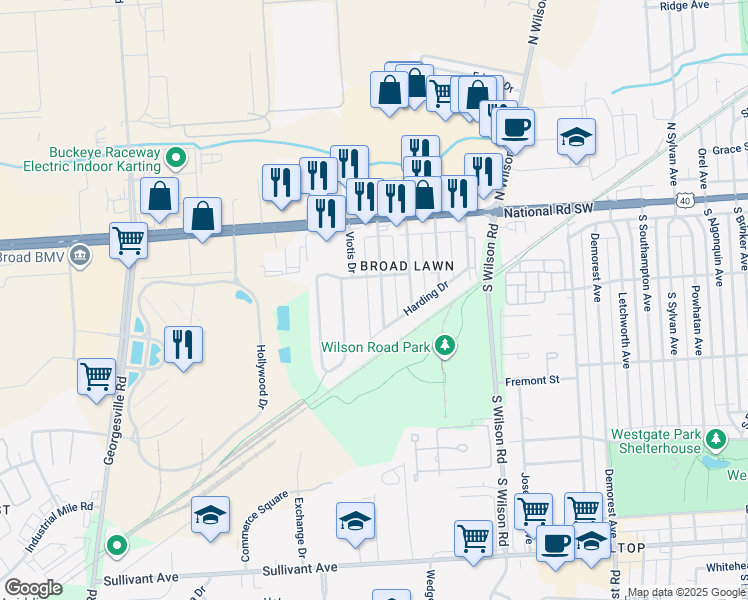 map of restaurants, bars, coffee shops, grocery stores, and more near 121 Coolidge Avenue in Columbus