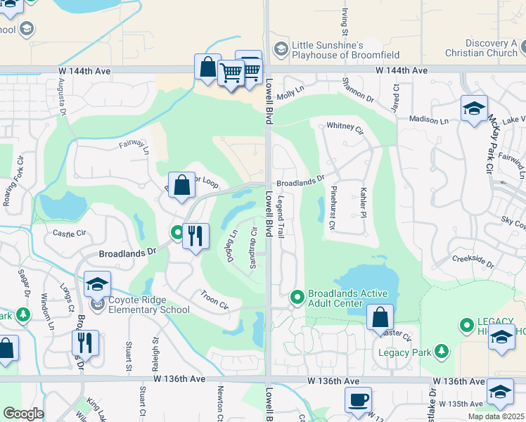 map of restaurants, bars, coffee shops, grocery stores, and more near 14065 Dogleg Lane in Broomfield