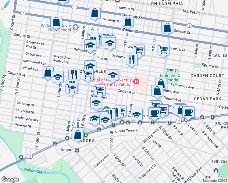 map of restaurants, bars, coffee shops, grocery stores, and more near 5535 Pemberton Street in Philadelphia