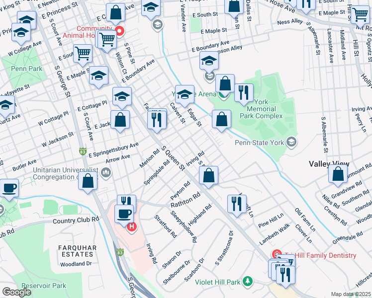 map of restaurants, bars, coffee shops, grocery stores, and more near 1016 South Pine Street in York