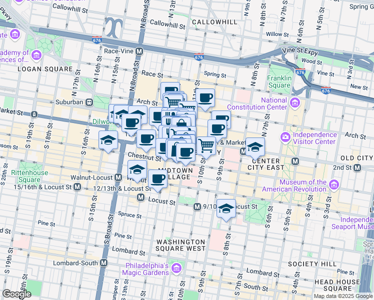 map of restaurants, bars, coffee shops, grocery stores, and more near 1101 Ludlow Street in Philadelphia