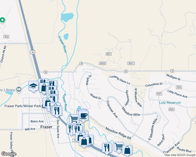map of restaurants, bars, coffee shops, grocery stores, and more near 861 Wolverine Lane in Fraser