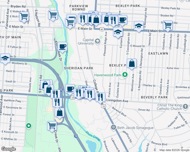 map of restaurants, bars, coffee shops, grocery stores, and more near 862 College Avenue in Bexley