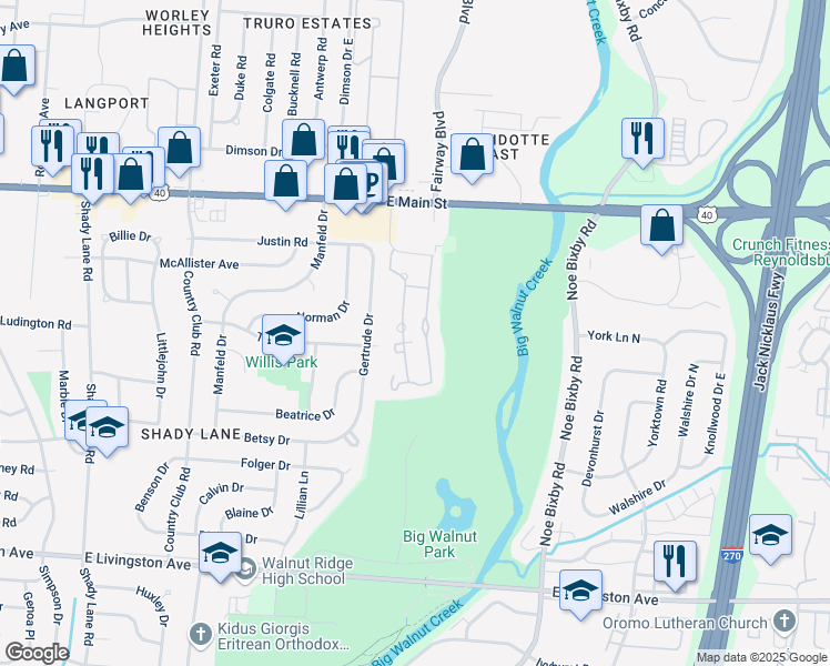 map of restaurants, bars, coffee shops, grocery stores, and more near 5198 East Main Street in Columbus