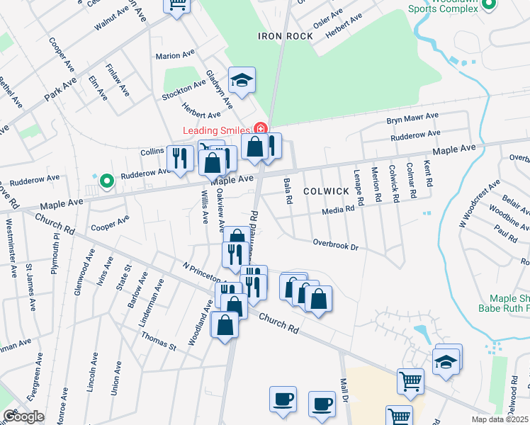 map of restaurants, bars, coffee shops, grocery stores, and more near 24 Overbrook Drive in Cherry Hill