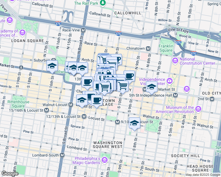 map of restaurants, bars, coffee shops, grocery stores, and more near 1101 Ludlow Street in Philadelphia