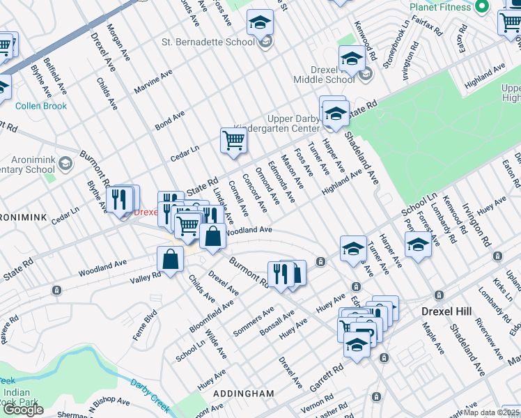 map of restaurants, bars, coffee shops, grocery stores, and more near 718 Concord Avenue in Drexel Hill
