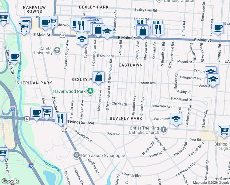 map of restaurants, bars, coffee shops, grocery stores, and more near 912 Vernon Road in Columbus