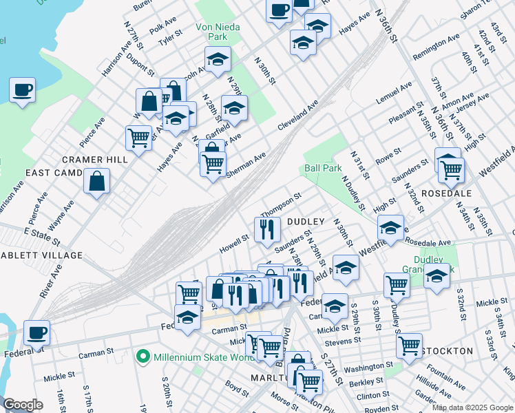map of restaurants, bars, coffee shops, grocery stores, and more near 2730 Pleasant Street in Camden