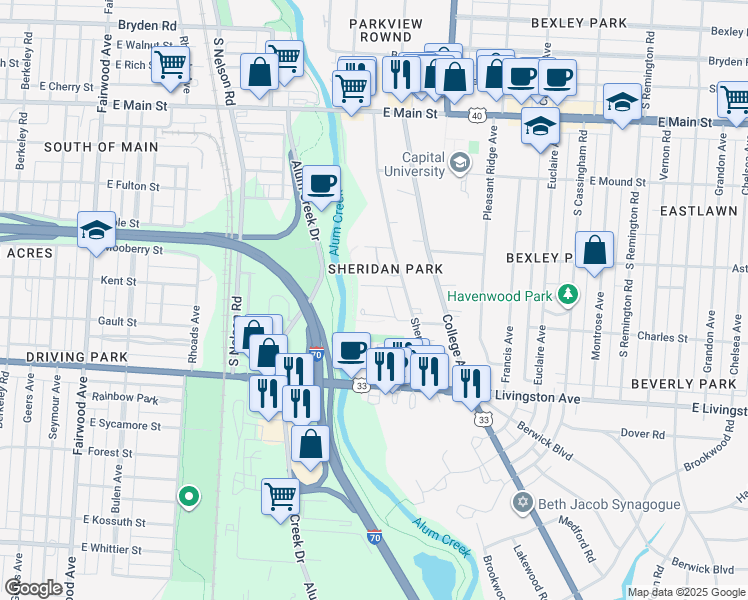 map of restaurants, bars, coffee shops, grocery stores, and more near 835 Sheridan Avenue in Columbus