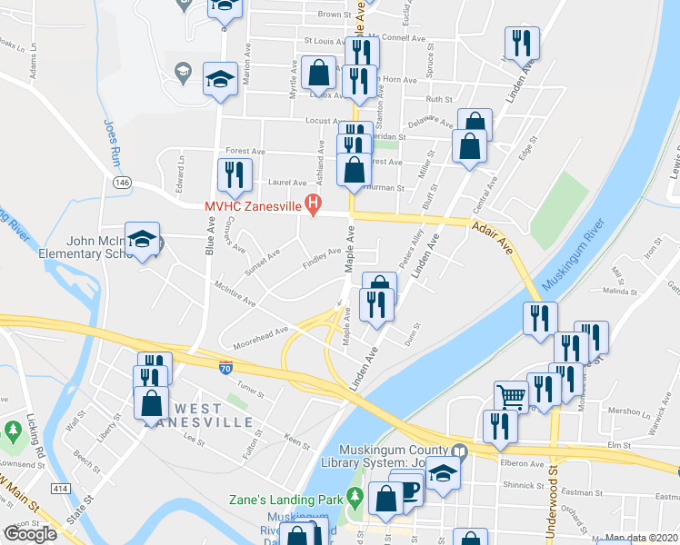 map of restaurants, bars, coffee shops, grocery stores, and more near 1019 Maple Avenue in Zanesville