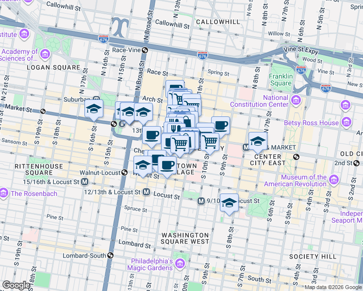 map of restaurants, bars, coffee shops, grocery stores, and more near 1101 Ludlow Street in Philadelphia
