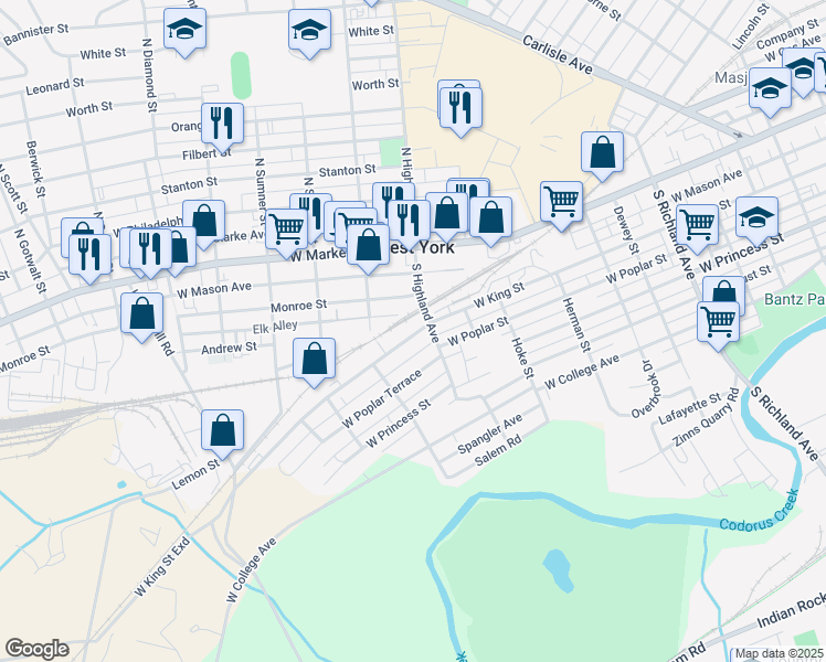 map of restaurants, bars, coffee shops, grocery stores, and more near 1425 West King Street in York