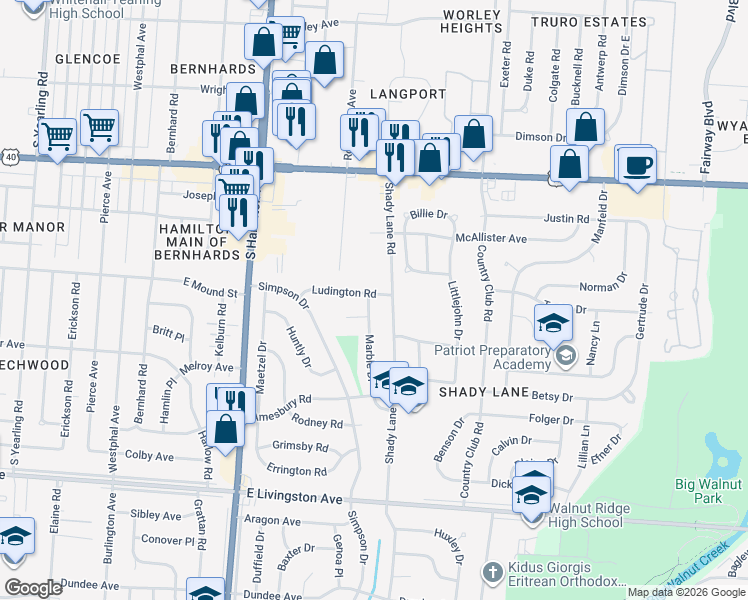 map of restaurants, bars, coffee shops, grocery stores, and more near 1198 Marble Drive in Columbus
