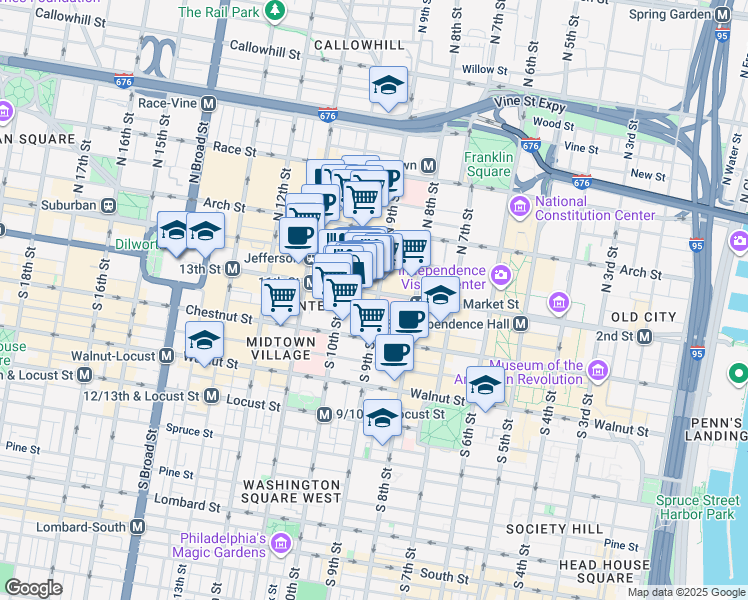 map of restaurants, bars, coffee shops, grocery stores, and more near 900 Market Street in Philadelphia